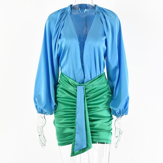 T-BOO Women 2 Piece Satin Sets Long V-neck Long Sleeve Body Tops And Ruched Skirts Set 2022 Femme Partywear Mini Summer Outfits
