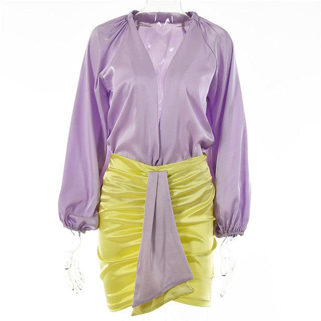 T-BOO Women 2 Piece Satin Sets Long V-neck Long Sleeve Body Tops And Ruched Skirts Set 2022 Femme Partywear Mini Summer Outfits