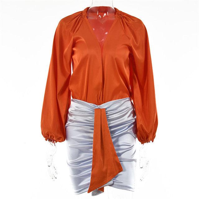 T-BOO Women 2 Piece Satin Sets Long V-neck Long Sleeve Body Tops And Ruched Skirts Set 2022 Femme Partywear Mini Summer Outfits