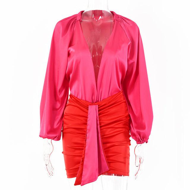T-BOO Women 2 Piece Satin Sets Long V-neck Long Sleeve Body Tops And Ruched Skirts Set 2022 Femme Partywear Mini Summer Outfits