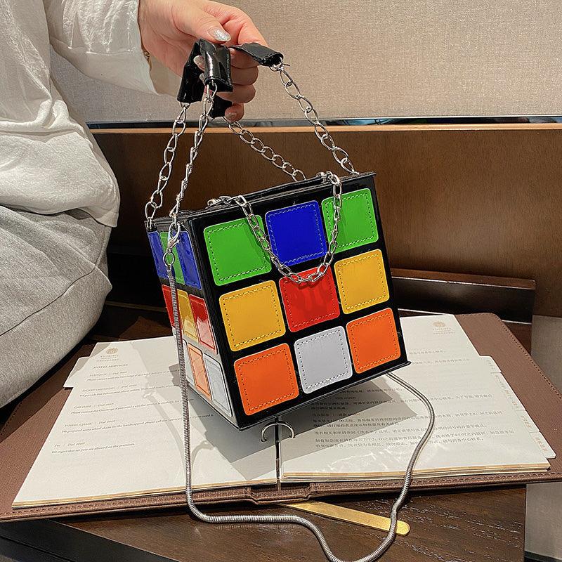 Women Mini Rubik Cube Design Purse Small Square Handbag With Metal Leather Chain Crossbody Bag