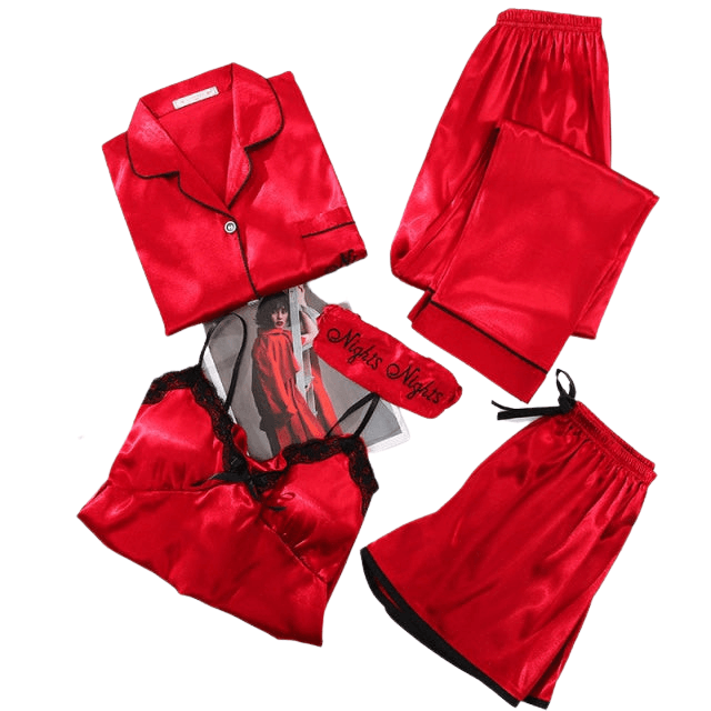 Sexy Pink Striped 5 Pieces Women Pajamas Set Faux Silk Sleepwear Casual Nightwear Female Pajamas