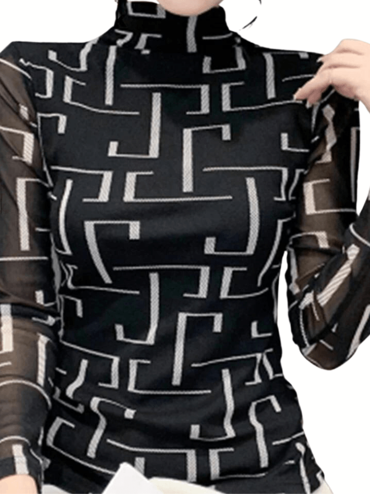 T-BOO Women European Turtle-Neck T-shirt Long-Sleeve Mesh Letter Printing s Slim Bottoming Tshirt