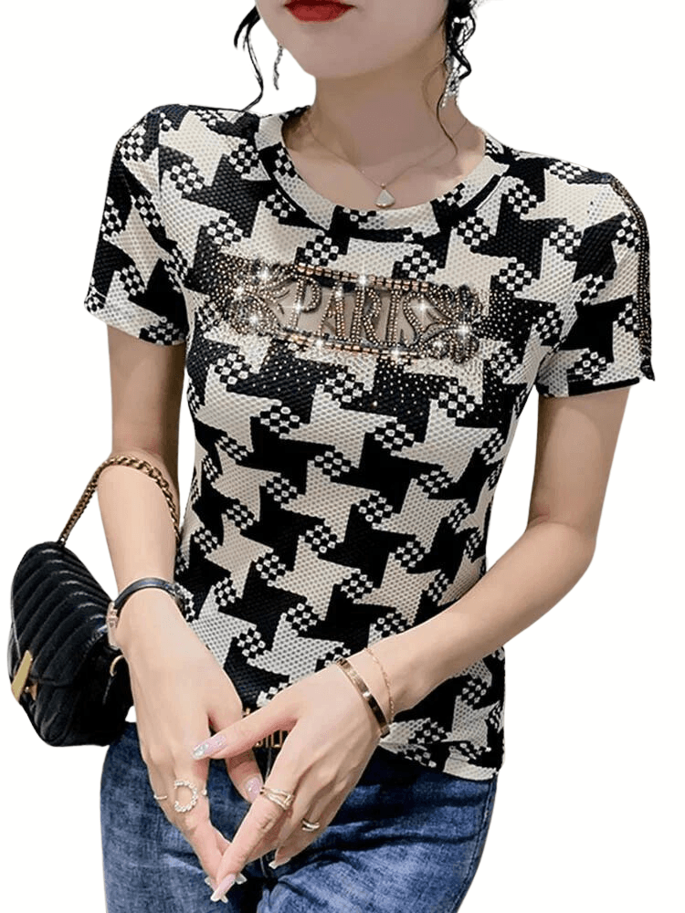 Sexy Women T-Shirt Ladies Sexy O-Neck Print Letter Patchwork Shiny Diamonds Tops Short Sleeve
