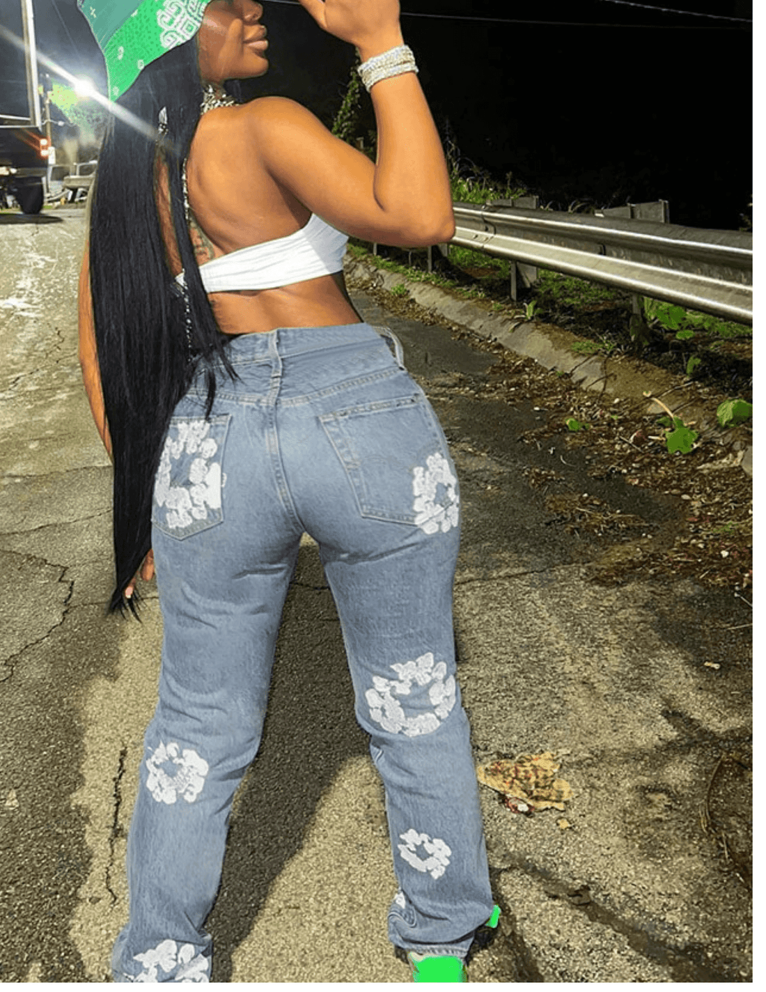 T-BOO Flowers Print Jeans Women Casual High Waist Straight Pants Elastic Streetwear Loose Denim Trousers