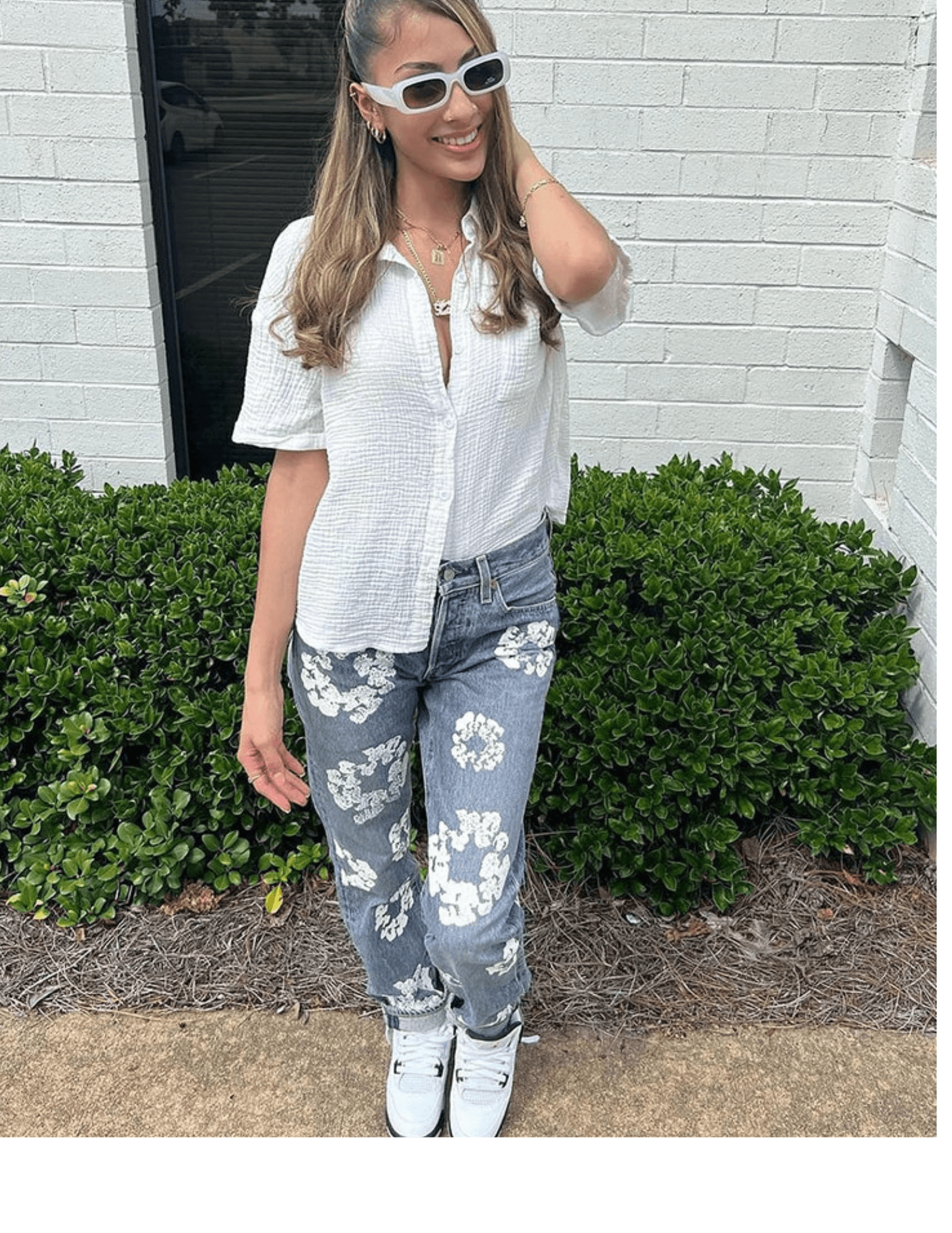 T-BOO Flowers Print Jeans Women Casual High Waist Straight Pants Elastic Streetwear Loose Denim Trousers