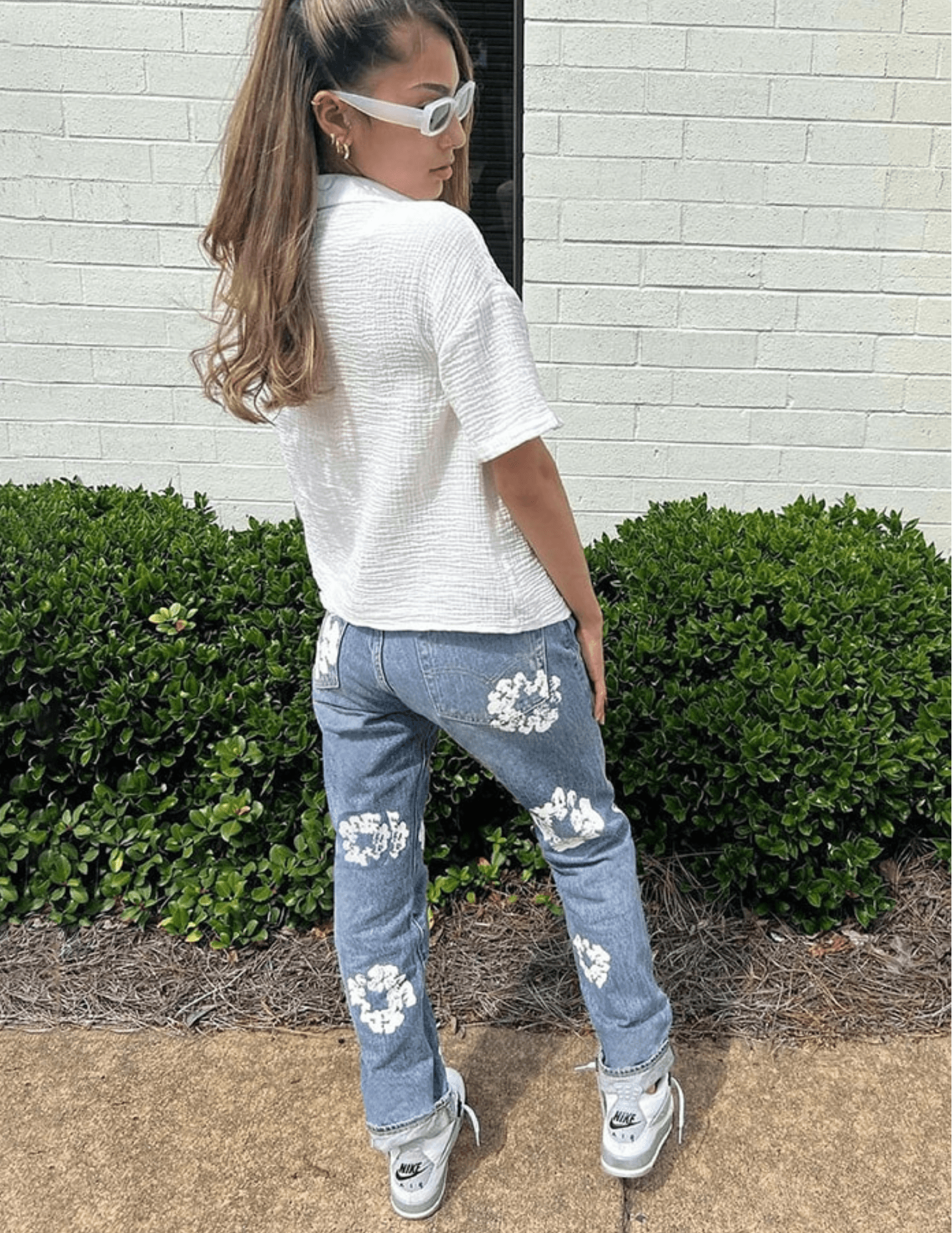 T-BOO Flowers Print Jeans Women Casual High Waist Straight Pants Elastic Streetwear Loose Denim Trousers