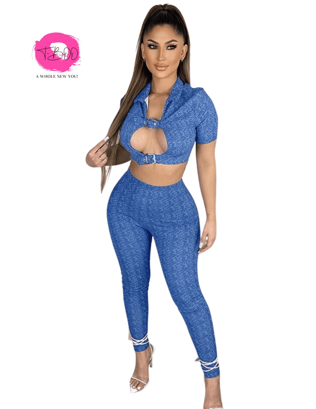 T-BOO Women Sexy 2 Piece Set Solid Short Sleeve Hollow Crop Top+ Leggings Midnight Party Matching Set