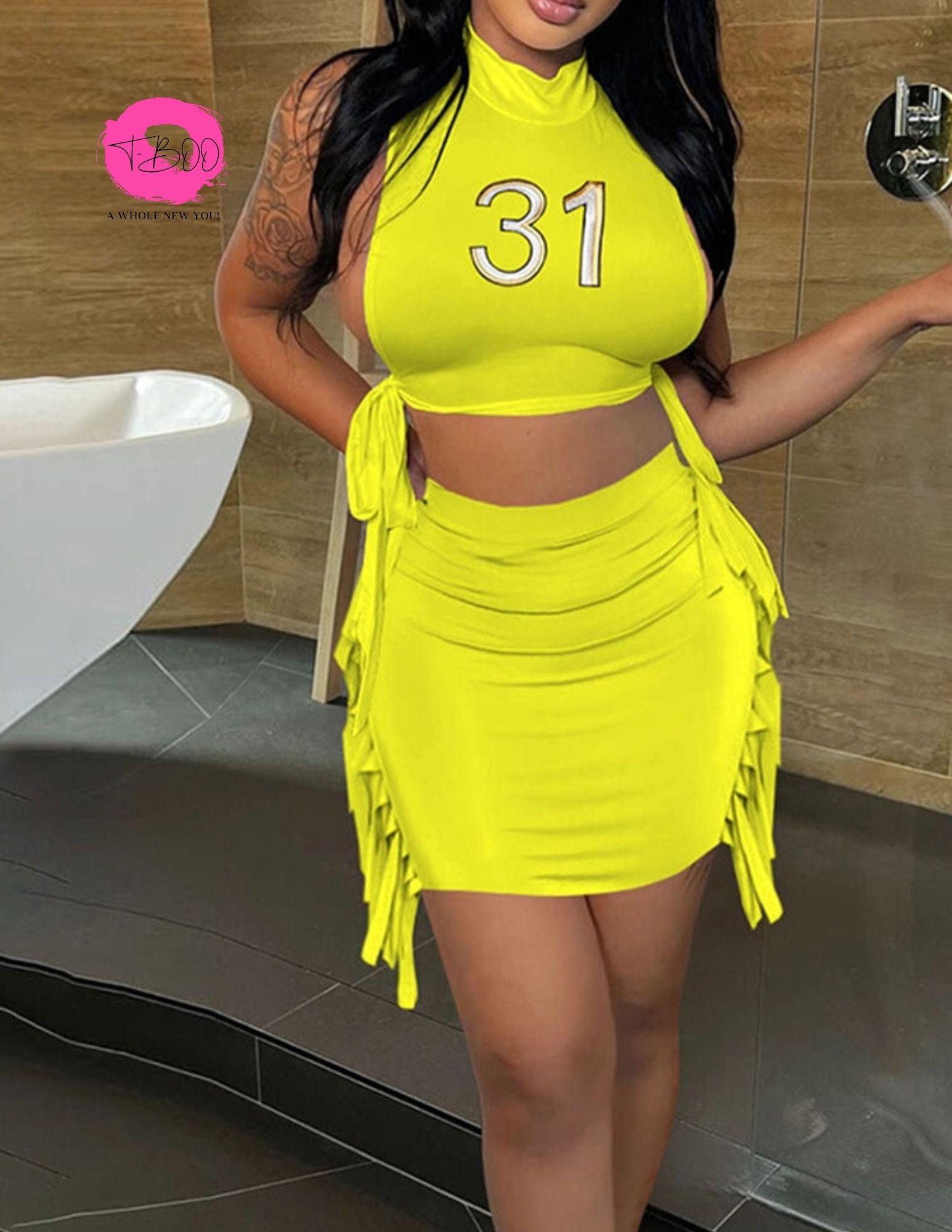 Women 2 Piece Set Tank Top+Mini Tassel Skirt Fashion Casual Matching Streetwear Outfits Number Print