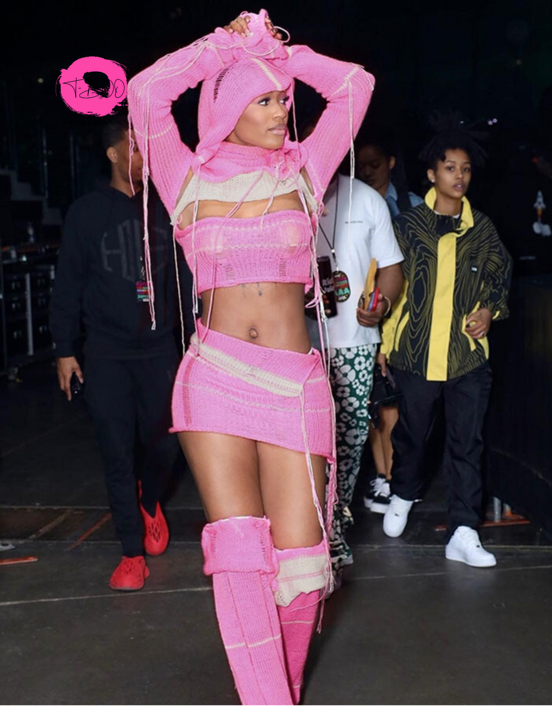 T-BOO 3 Piece Set Knit See Through Tassel Chic Hooded Hollow Crop Tops+Peach Hip Skirts+Socks Matching Streetwear Outfits