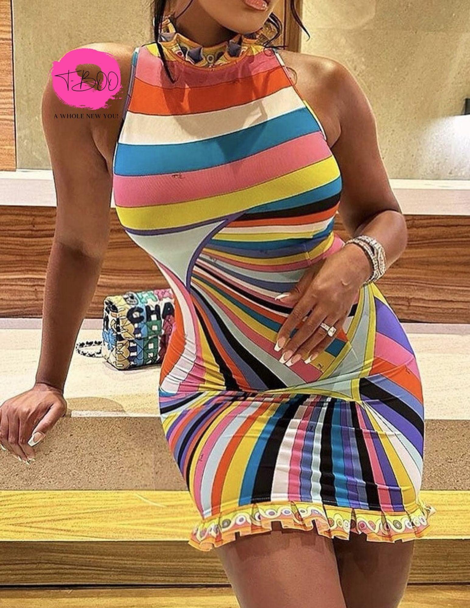 T-BOO Women Sundress Summer Colorful Print Sleeveless Turtleneck Slim Elastic Trend Chic Bodycon Birthday Party Streetwear