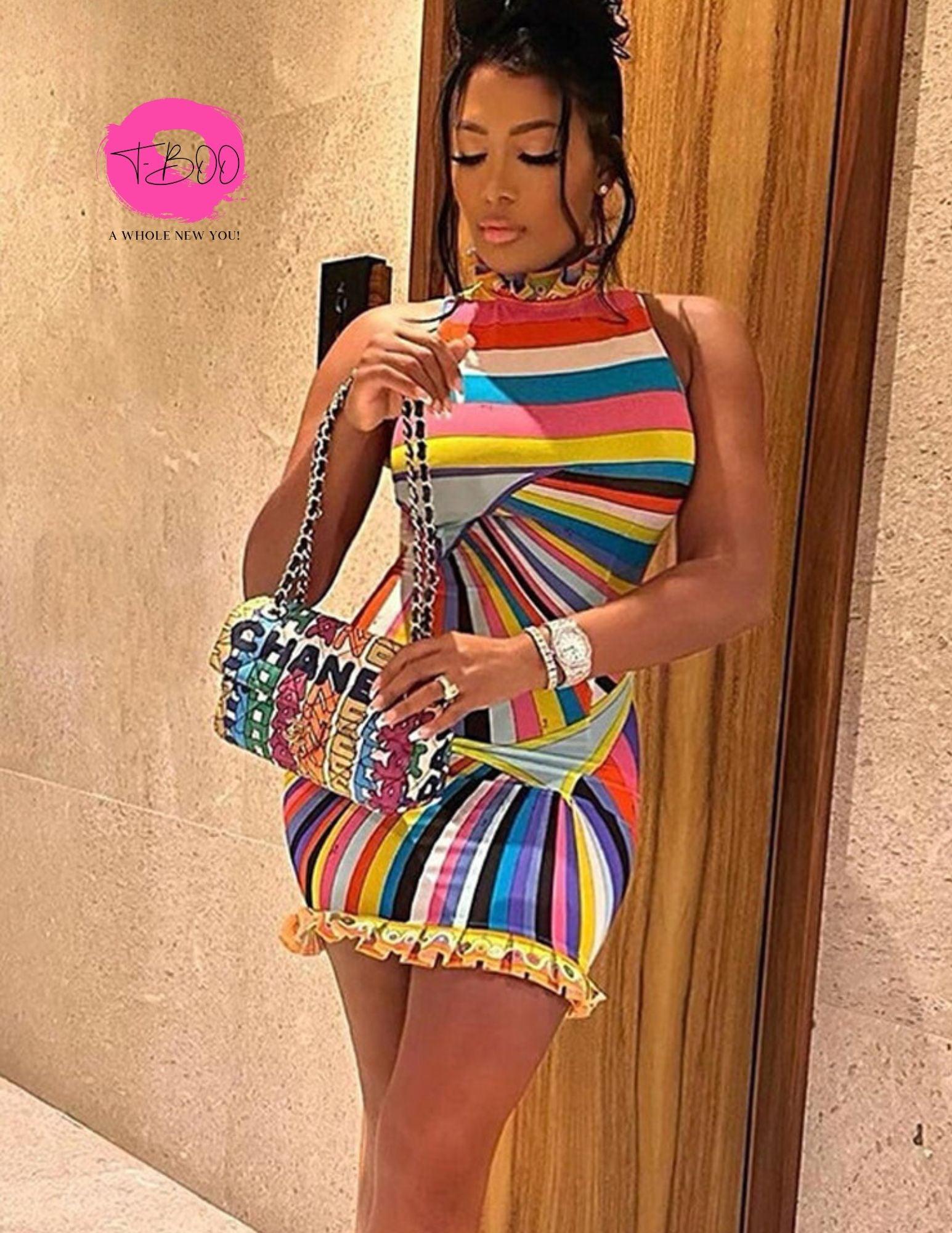 T-BOO Women Sundress Summer Colorful Print Sleeveless Turtleneck Slim Elastic Trend Chic Bodycon Birthday Party Streetwear