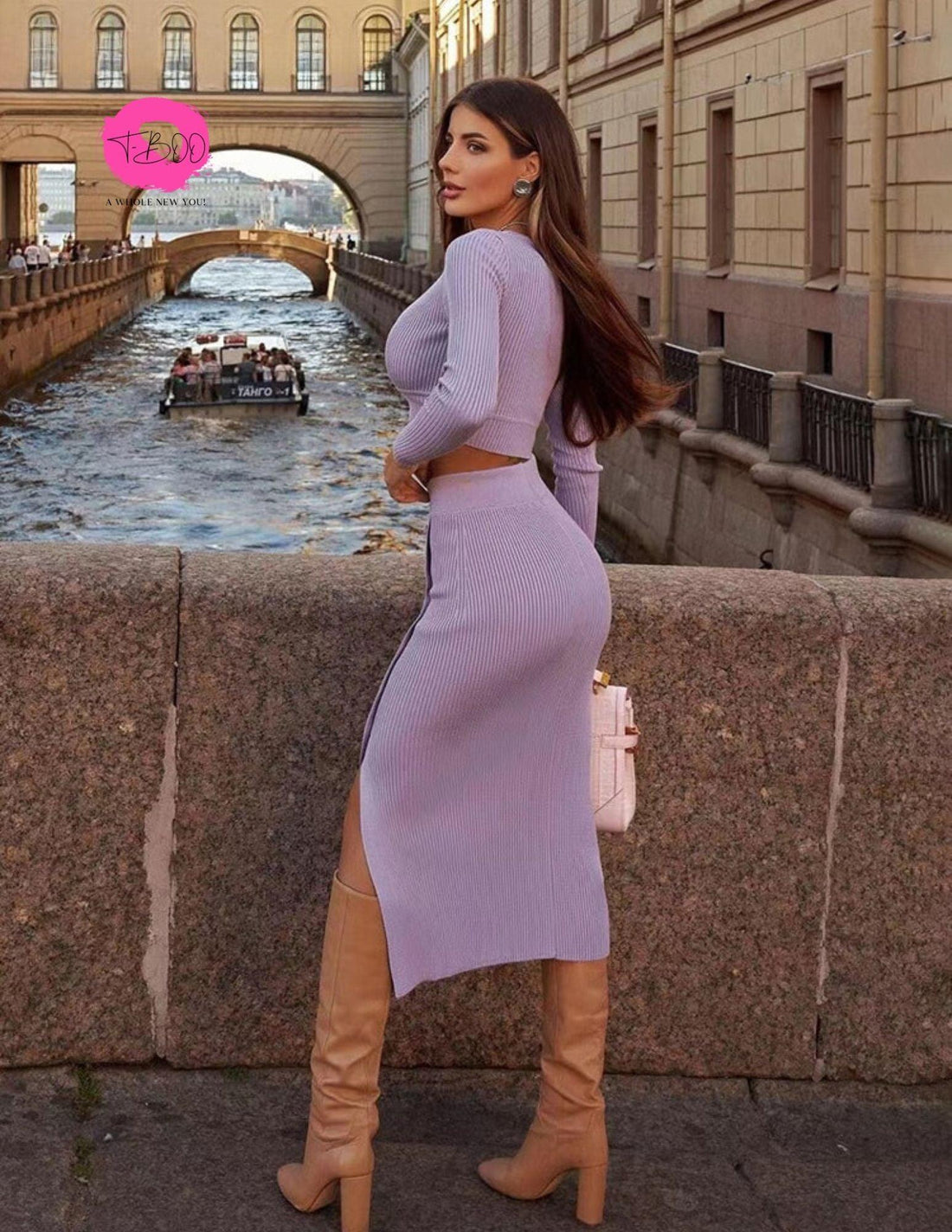 T-BOO Women Two 2 Piece Skirt Set Elegant Rib Set V-Neck Skinny Crop Tops+Button High Waist Split Skirts Matching Streetwear Suit