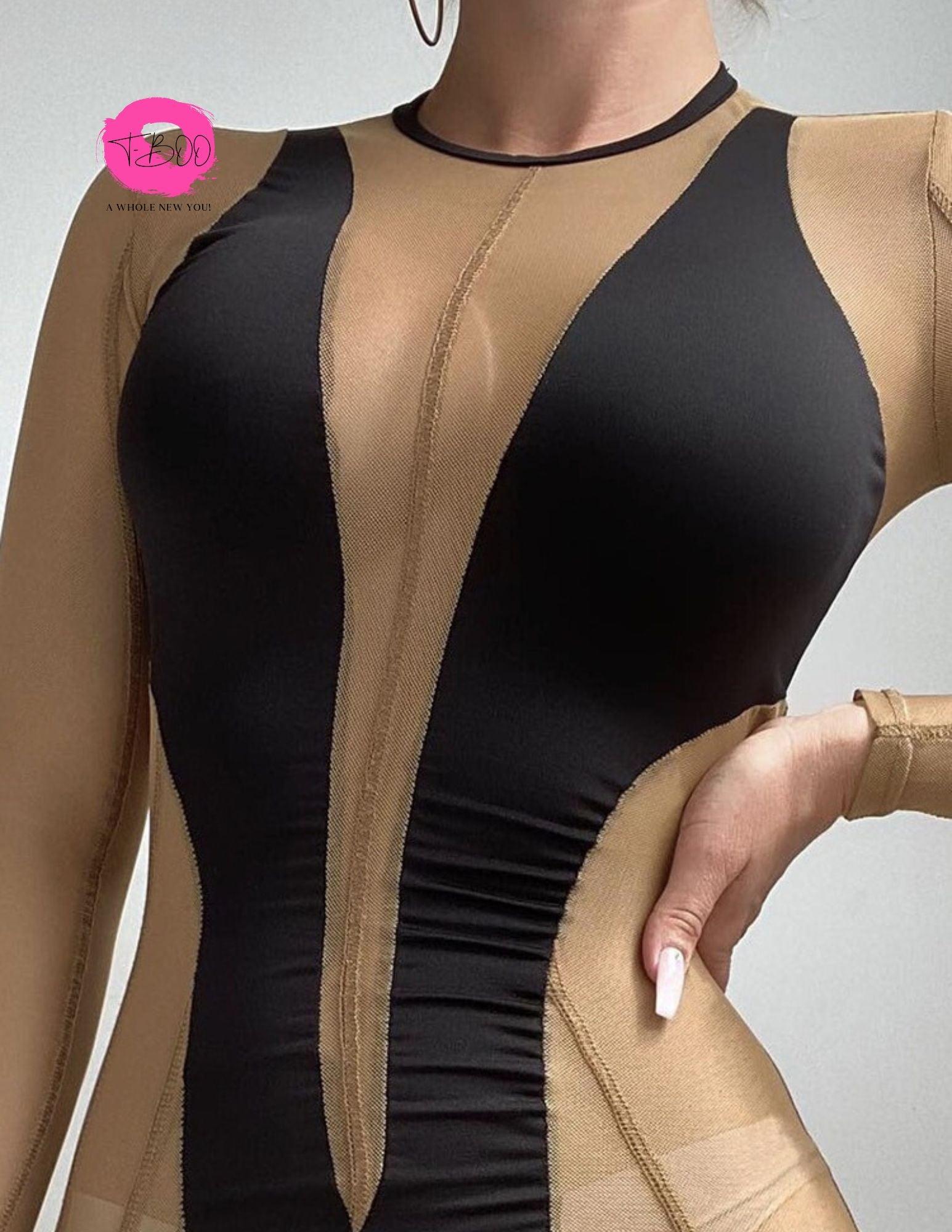 T-BOO Sexy Women Mesh Dress See Through Dress Long Sleeve Skinny O-Neck Stretchy Bodycon