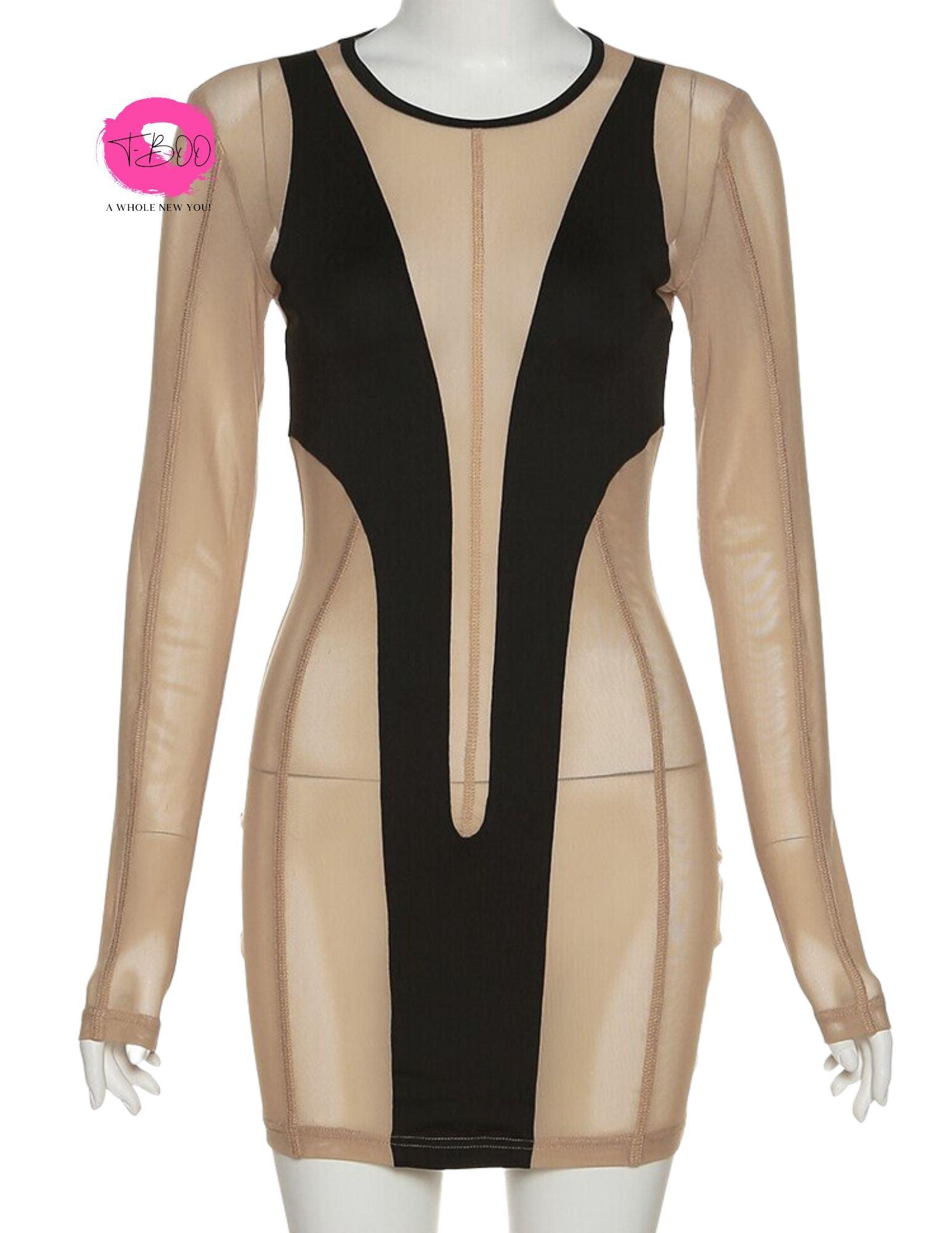 T-BOO Sexy Women Mesh Dress See Through Dress Long Sleeve Skinny O-Neck Stretchy Bodycon