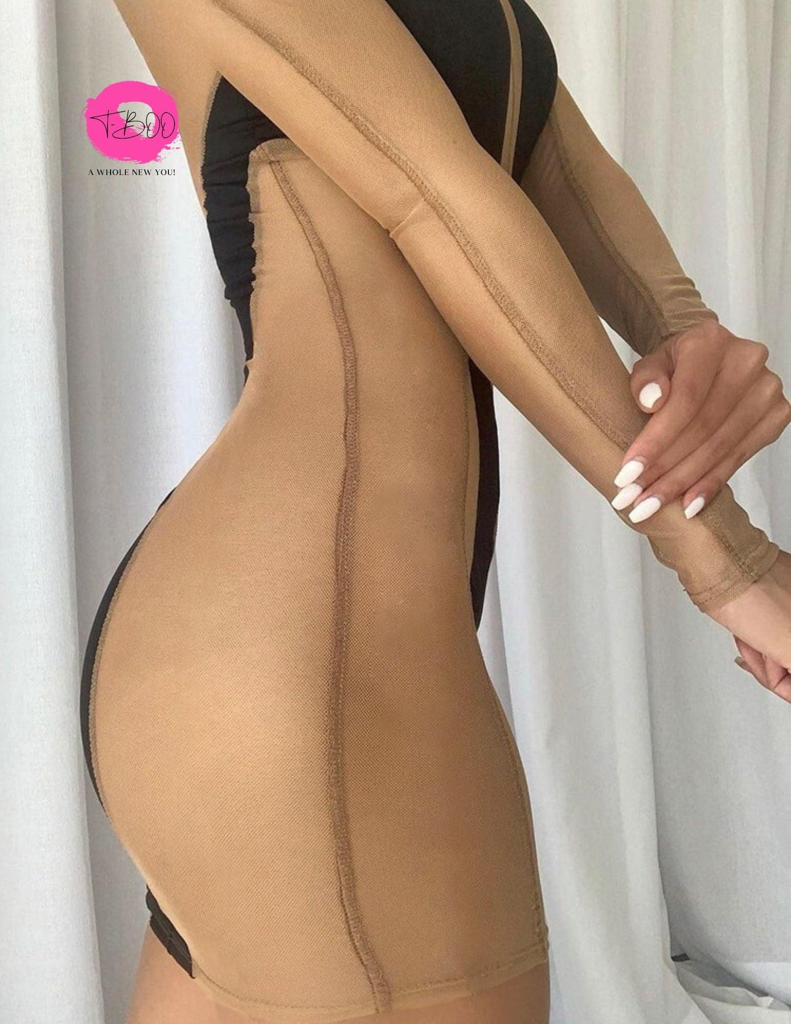 T-BOO Sexy Women Mesh Dress See Through Dress Long Sleeve Skinny O-Neck Stretchy Bodycon