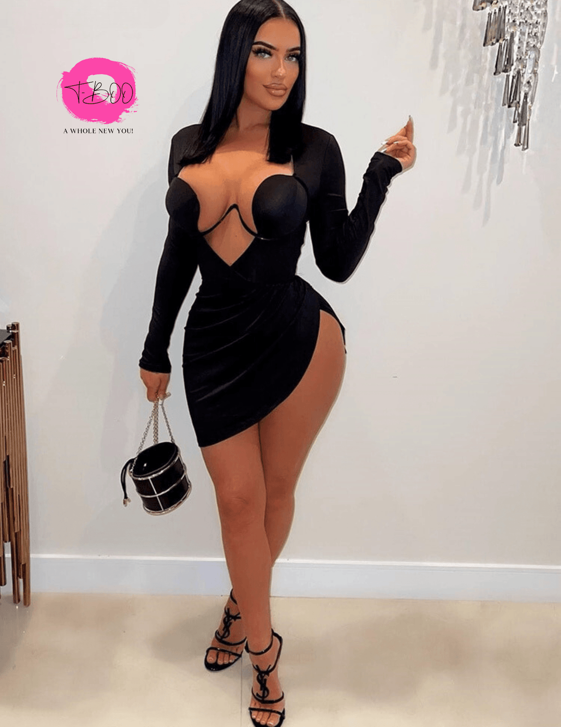 T-BOO Sexy Women Dress Irregular Solid V-Neck Cleavage Long Sleeve Stretch Clubwear Bodycon