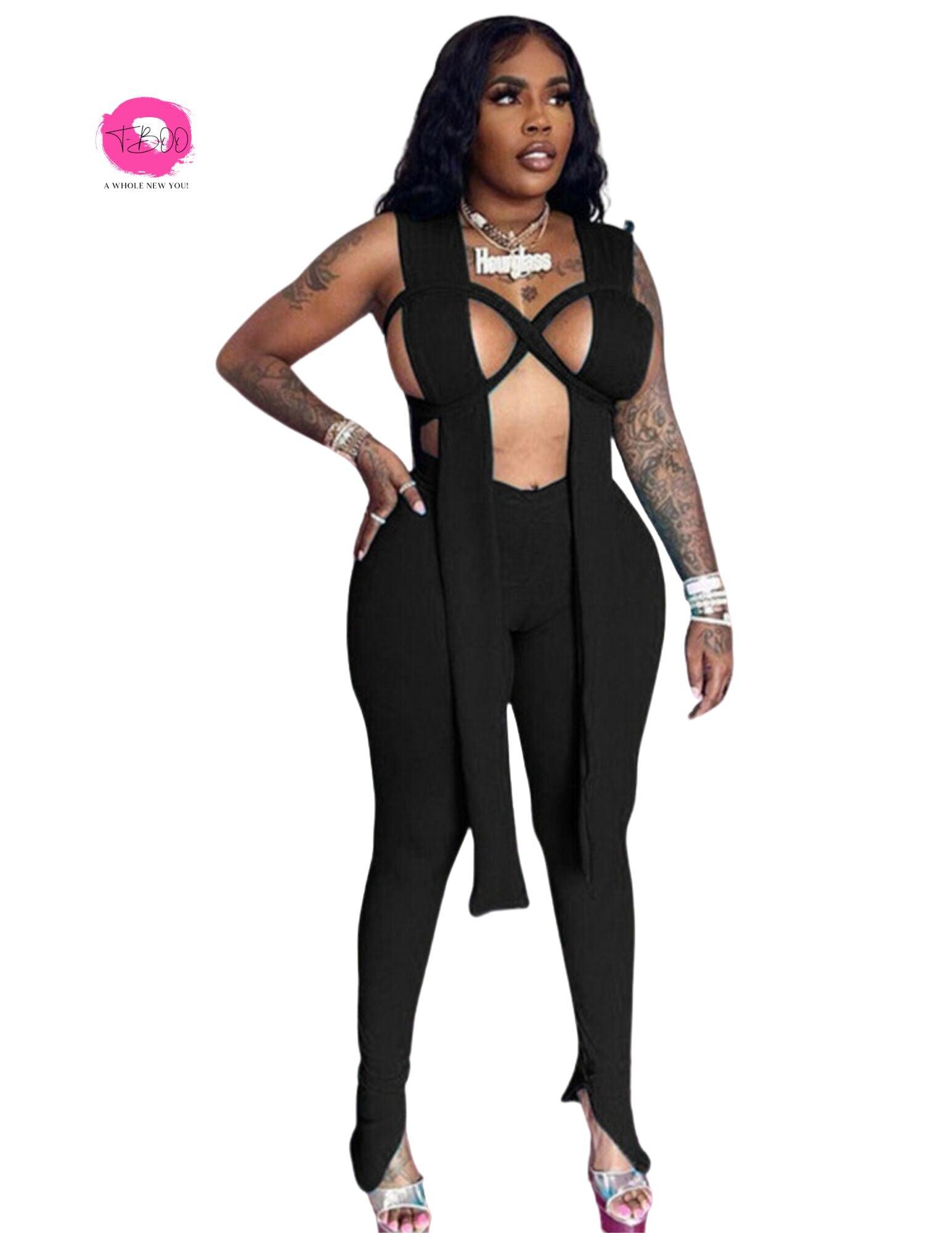 T-BOO Two Piece Pants Set Ribbon Hollow Tank Top with Matching Pants Set for Women Flirty and Chic