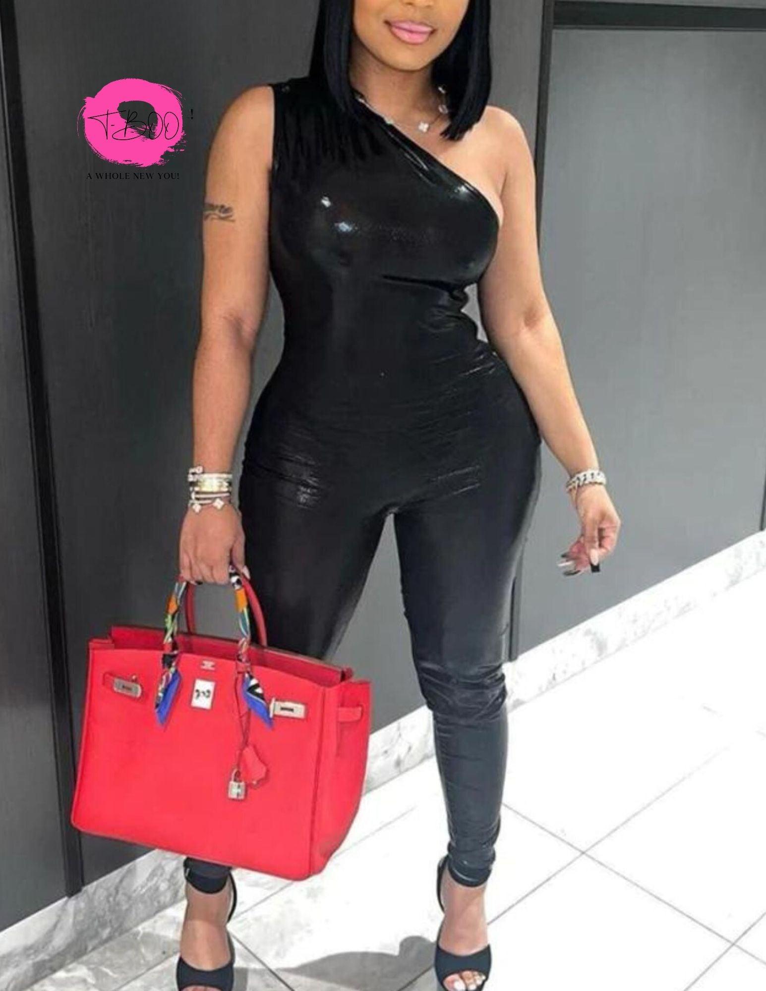 Women 2 piece Set Leather Fitness Set One Shoulder Bodysuits+Leggings Matching Suit Casual Streetwear Outfits