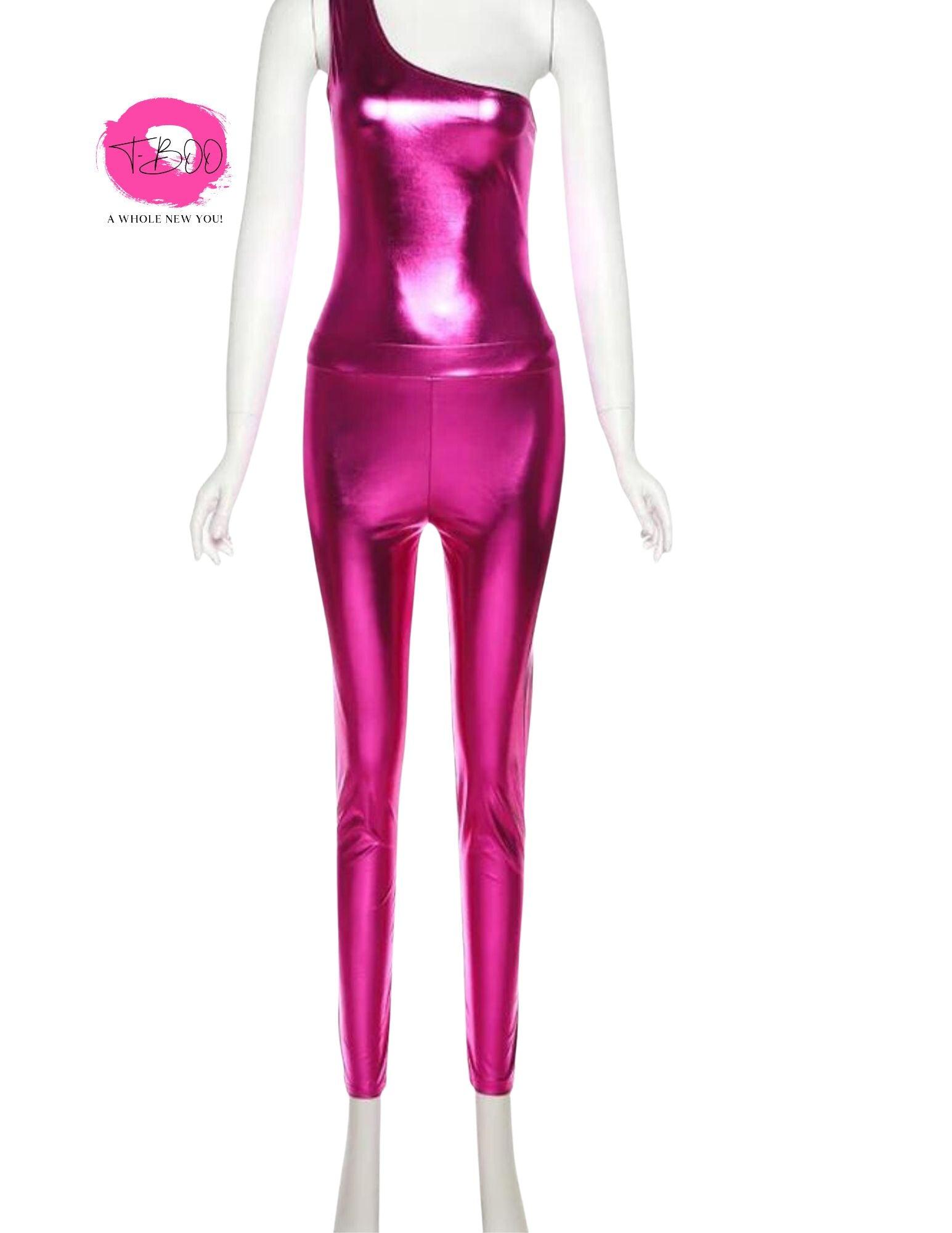 Women 2 piece Set Leather Fitness Set One Shoulder Bodysuits+Leggings Matching Suit Casual Streetwear Outfits