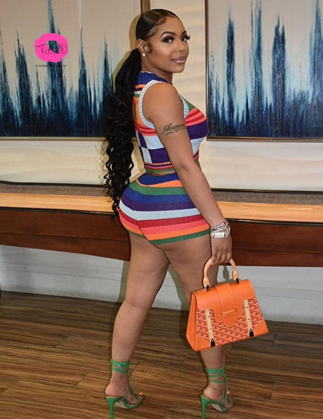 T-BOO Women 2Piece Set Colorful Print Short Set Round Neck Tank Top+Low Waist Shorts