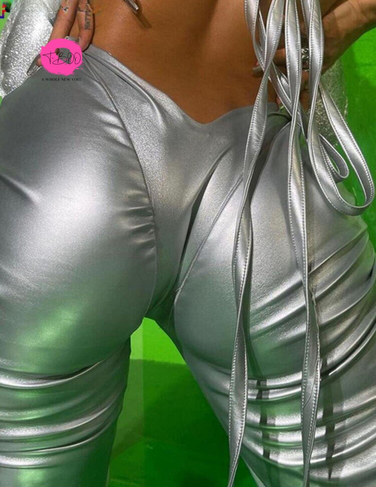 T-BOO V-Shaped Low Waist Pants Women Fashion Stacked Faux Leather Trousers Casual Skinny Pants