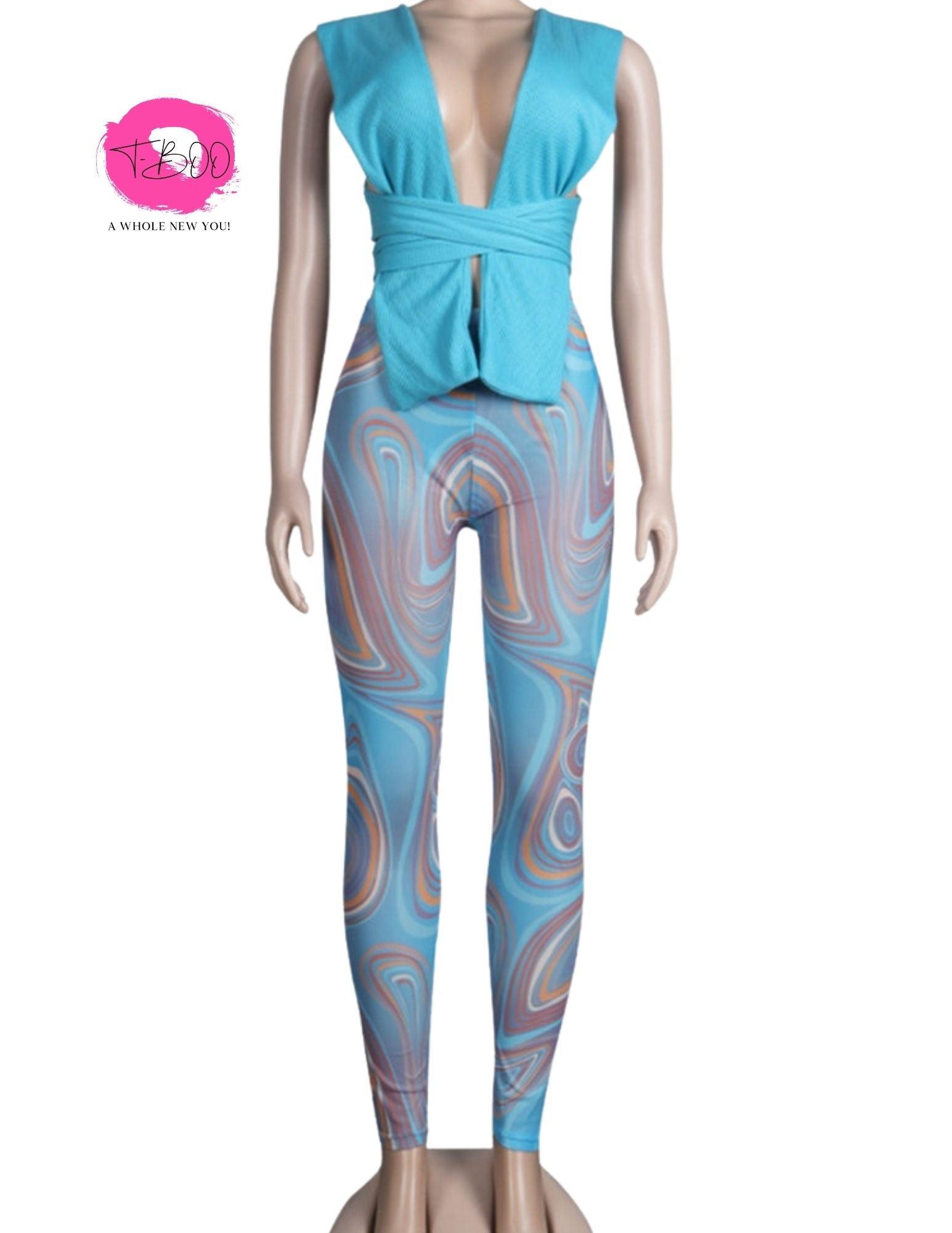 T-BOO Women 2 Pieces Set Low-Neck Solid Hollow Lace Up Corset Top+Stripe Swirl Print Pants Elastic Skinny Sporty Street Outfits