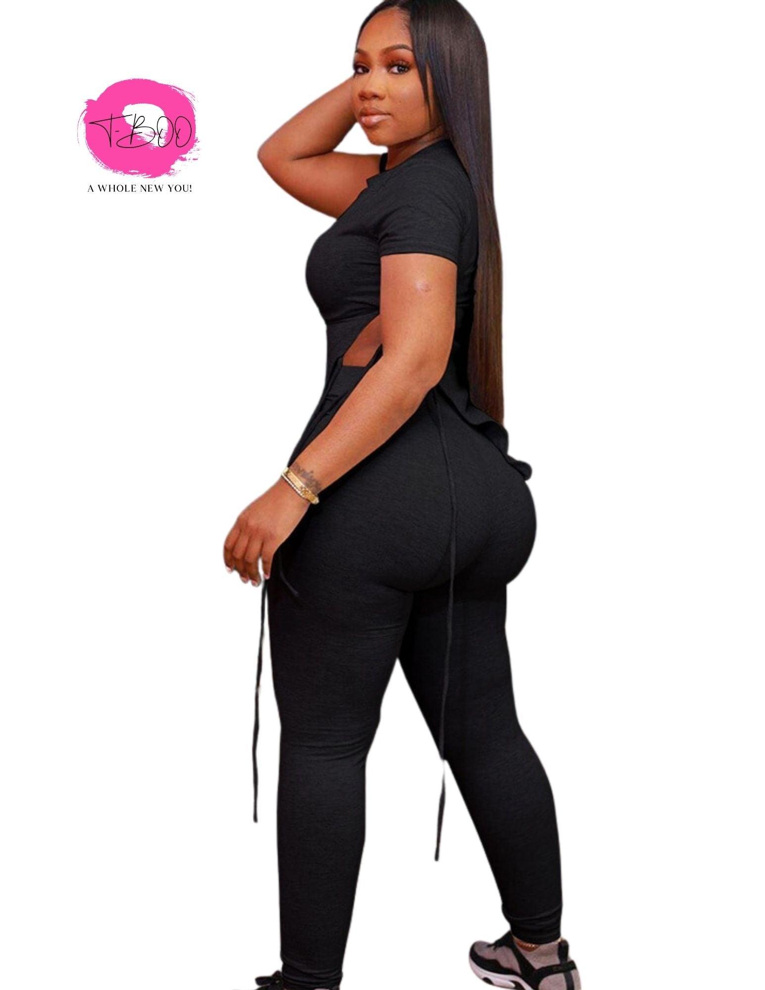 T-BOO Women 2 Piece Set Sporty Tracksuit Short Sleeve Side Bandage Crop Tops+Leggings Matching Casual Streetwear Outfits