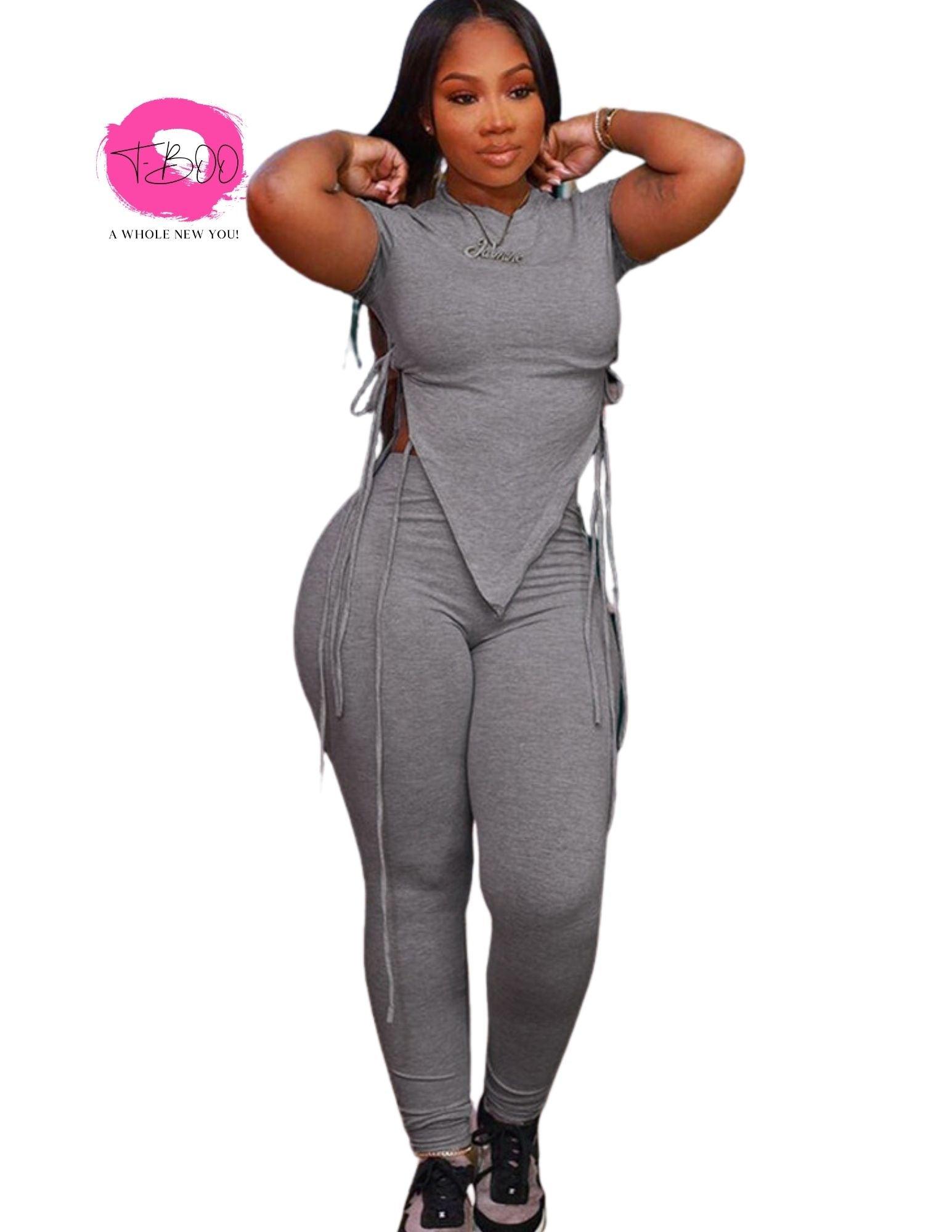 T-BOO Women 2 Piece Set Sporty Tracksuit Short Sleeve Side Bandage Crop Tops+Leggings Matching Casual Streetwear Outfits