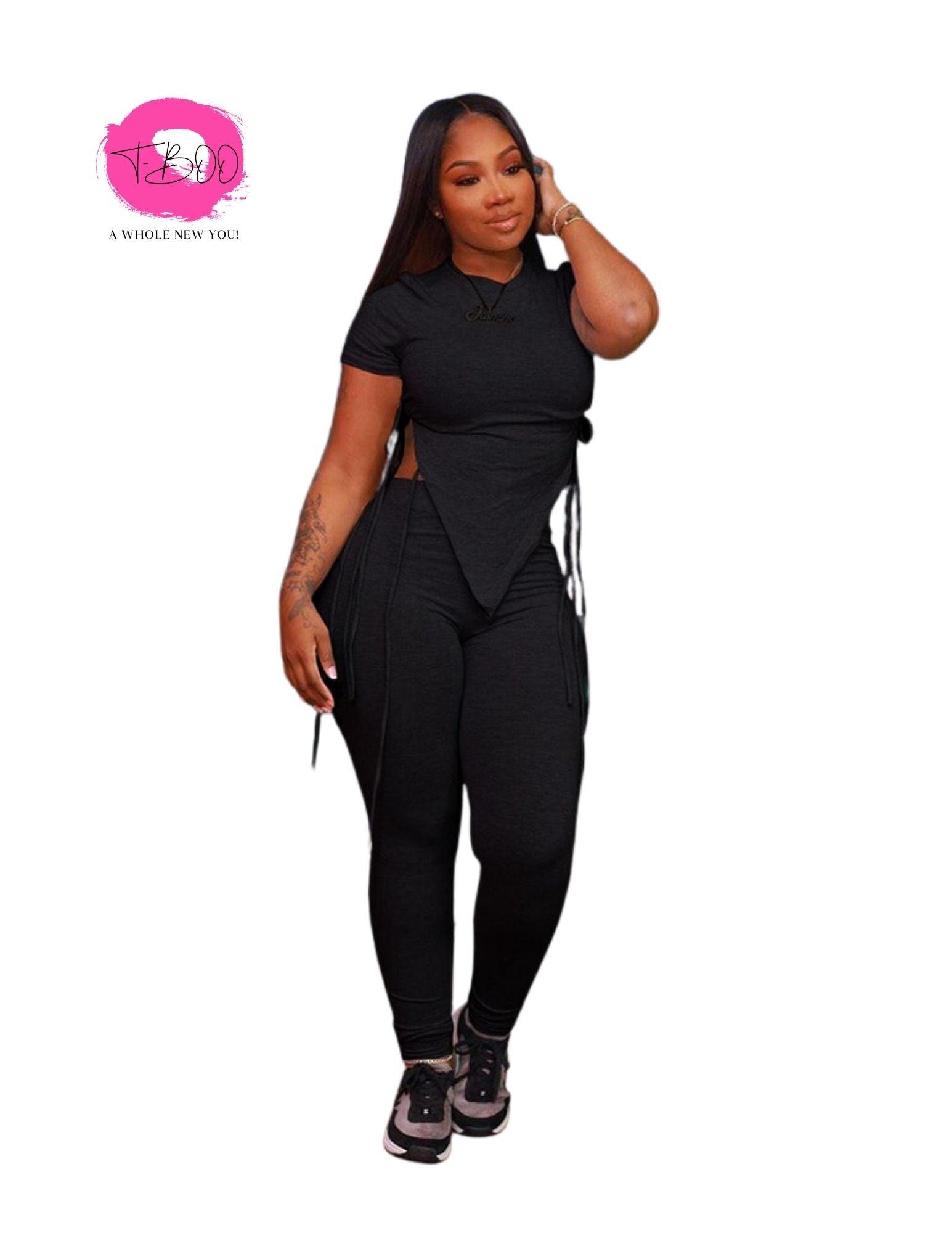 T-BOO Women 2 Piece Set Sporty Tracksuit Short Sleeve Side Bandage Crop Tops+Leggings Matching Casual Streetwear Outfits
