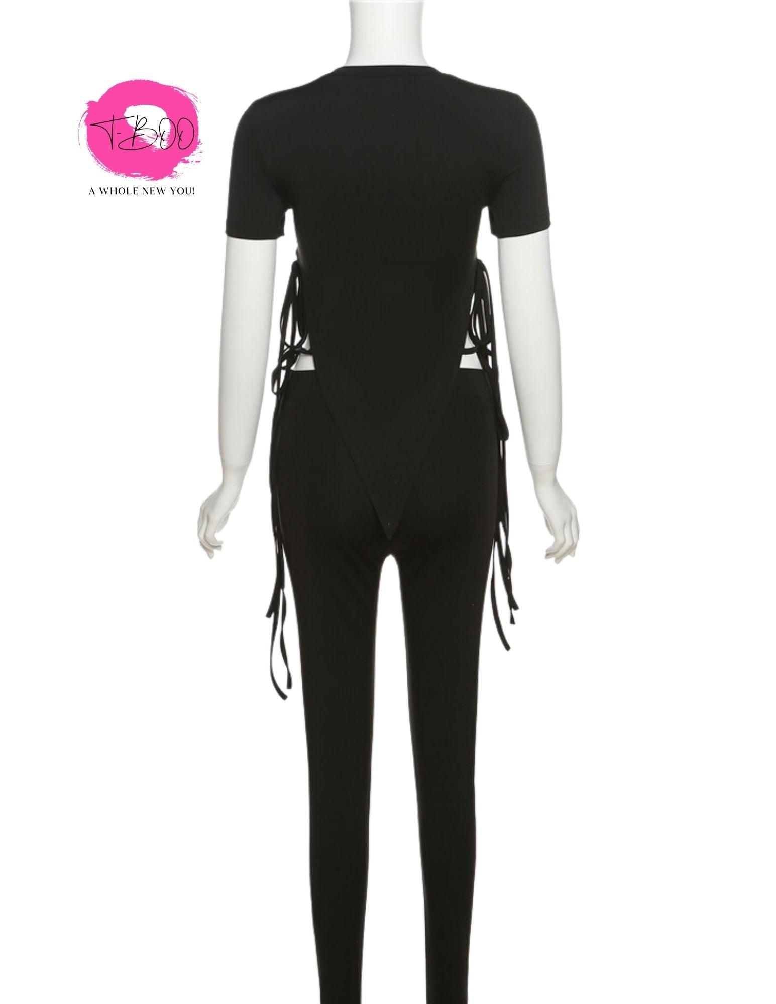 T-BOO Women 2 Piece Set Sporty Tracksuit Short Sleeve Side Bandage Crop Tops+Leggings Matching Casual Streetwear Outfits