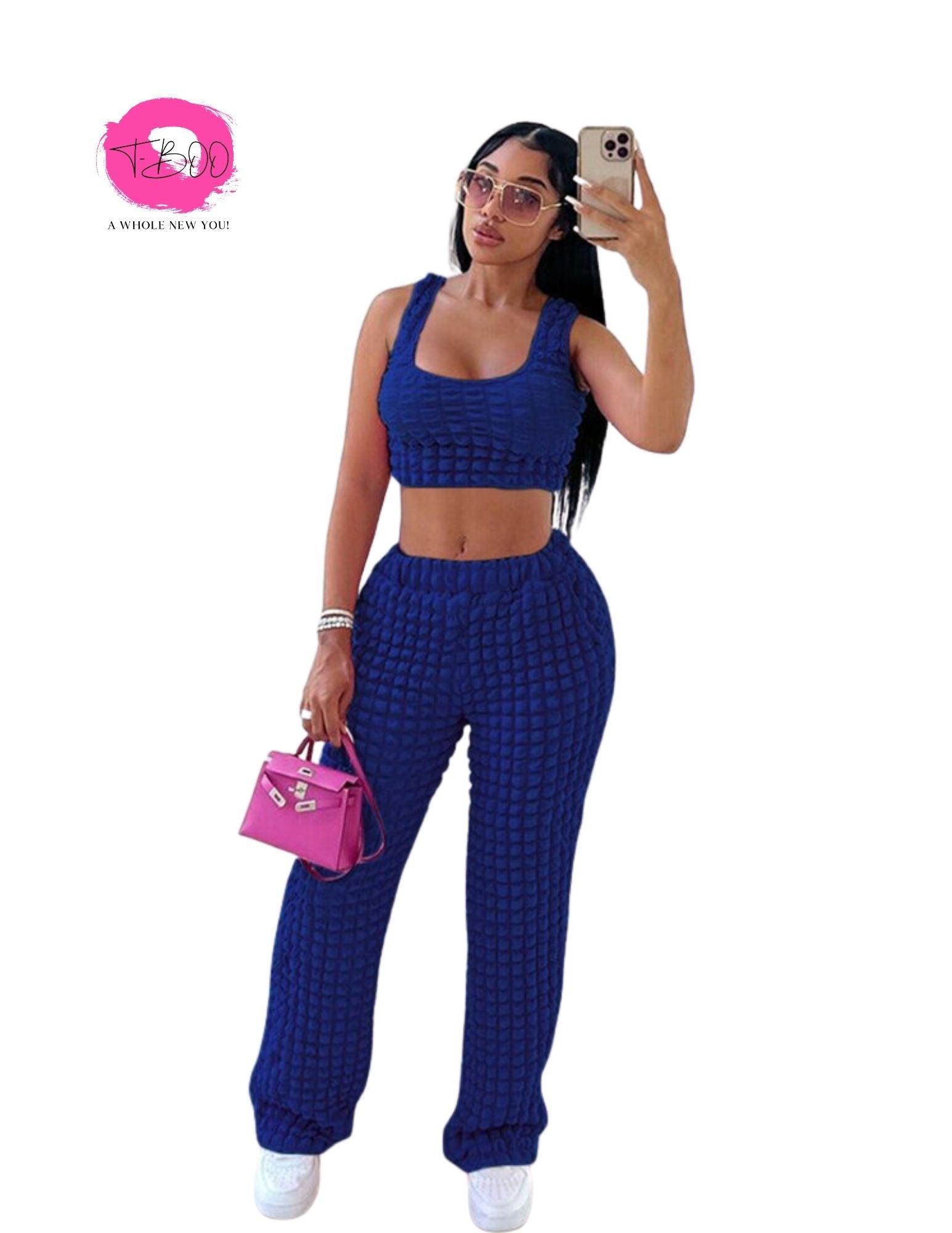 T-BOO Women 2 Piece Set Waffle Tracksuit Sporty Casual Tank Top+Straight Pants Matching Streetwear Summer Slim Outfits