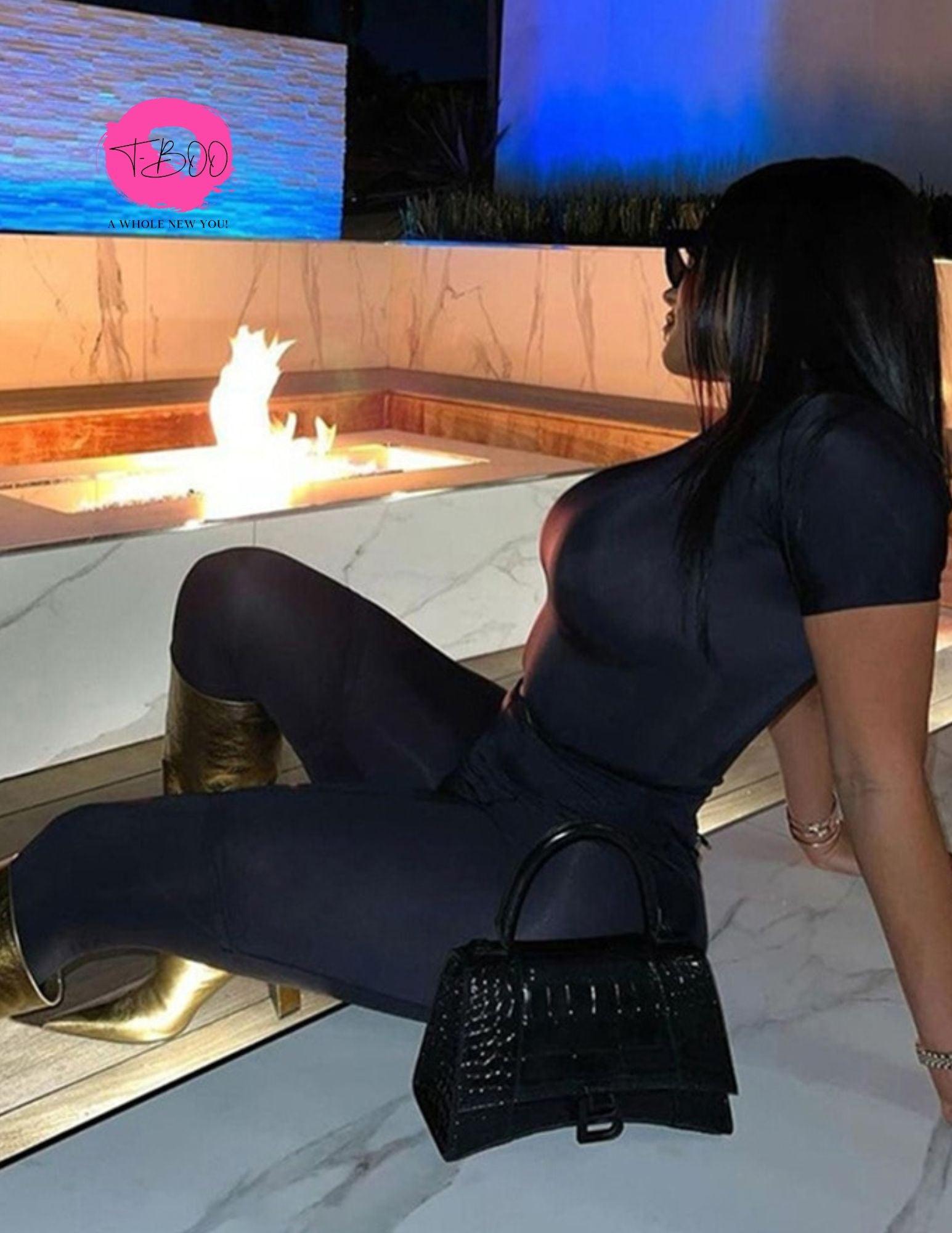 T-BOO Women 2 Piece Set Skinny Fit Tracksuit Short Sleeve Crop Top+Leggings Matching Streetwear Outfits