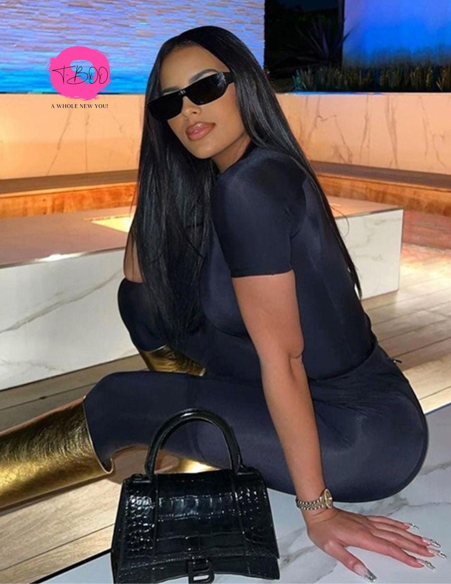 T-BOO Women 2 Piece Set Skinny Fit Tracksuit Short Sleeve Crop Top+Leggings Matching Streetwear Outfits