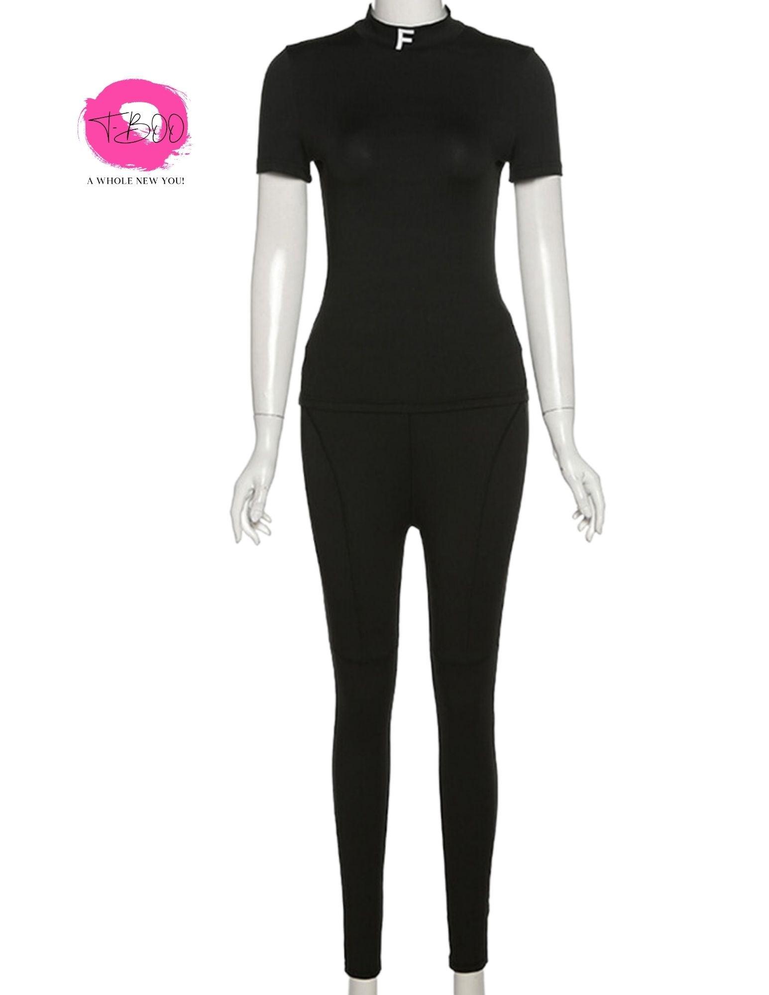 T-BOO Women 2 Piece Set Skinny Fit Tracksuit Short Sleeve Crop Top+Leggings Matching Streetwear Outfits