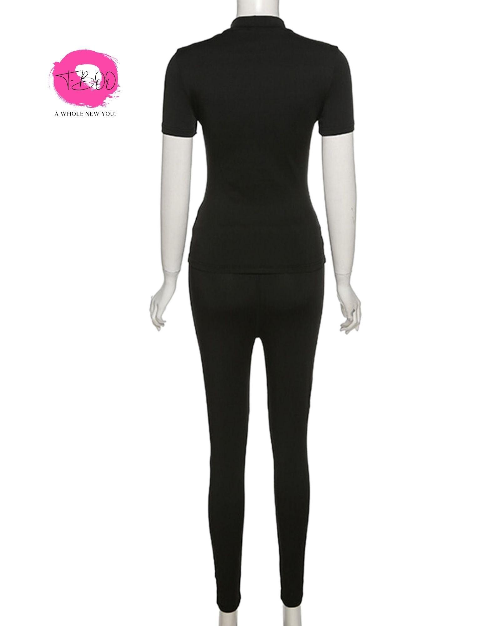 T-BOO Women 2 Piece Set Skinny Fit Tracksuit Short Sleeve Crop Top+Leggings Matching Streetwear Outfits