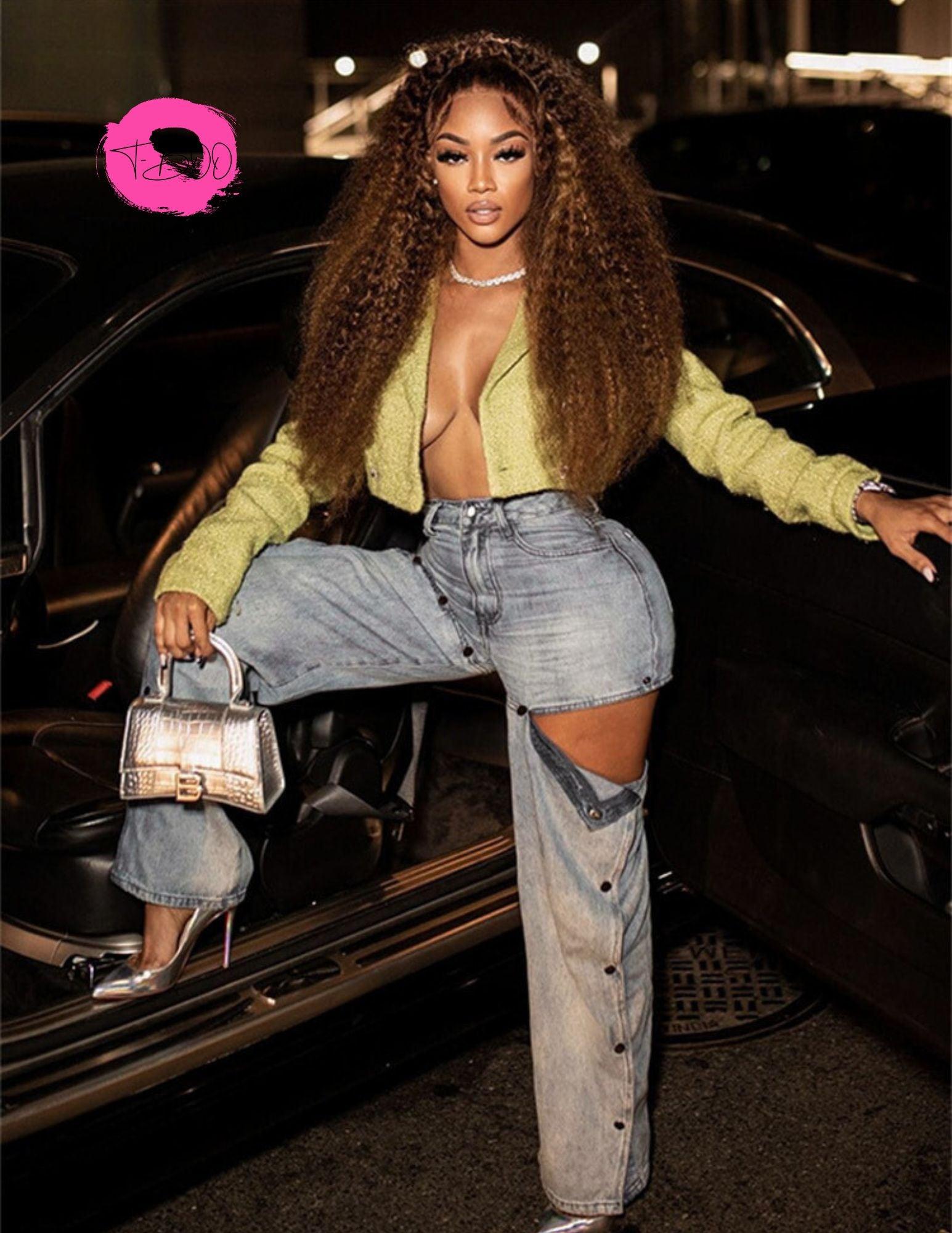 T-BOO Women Denim Pants Casual Button Vintage Loose Solid Chic Stylish Trousers Wild Fashion Punk Streetwear