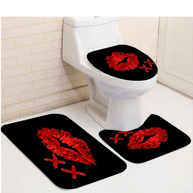Bathroom Curtain Set Red Lips Pink High Heel Bath Mat Sets Shower Curtains with Hooks Black Non-Slip Pedestal Rug Toilet Cover
