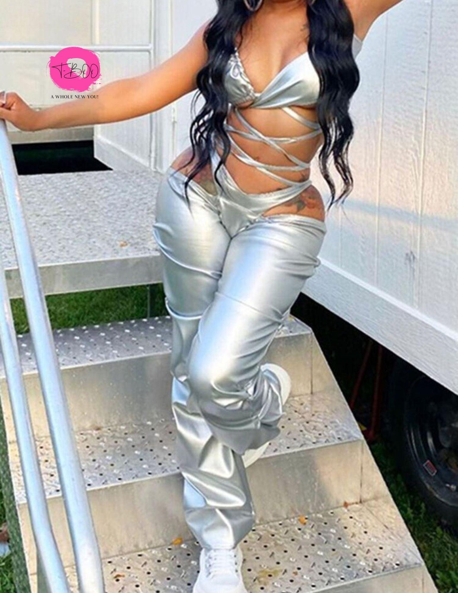 T-BOO V-Shaped Low Waist Pants Women Fashion Stacked Faux Leather Trousers Casual Skinny Pants