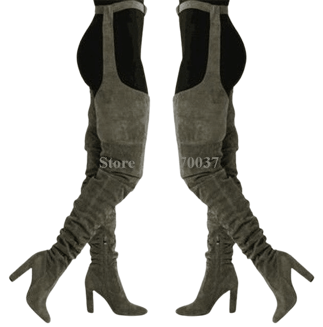 Women Over the Knee Boots Trending Fashion Long Boots Pointed Toe Solid Suede Leather Thigh Belt Chunk High Heel Boots Waist HighThick Heel Long Boots