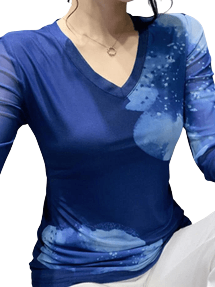 2022 Mesh T-shirt Fashion Long-Sleeved V-neck Tees Women Trendy Tops
