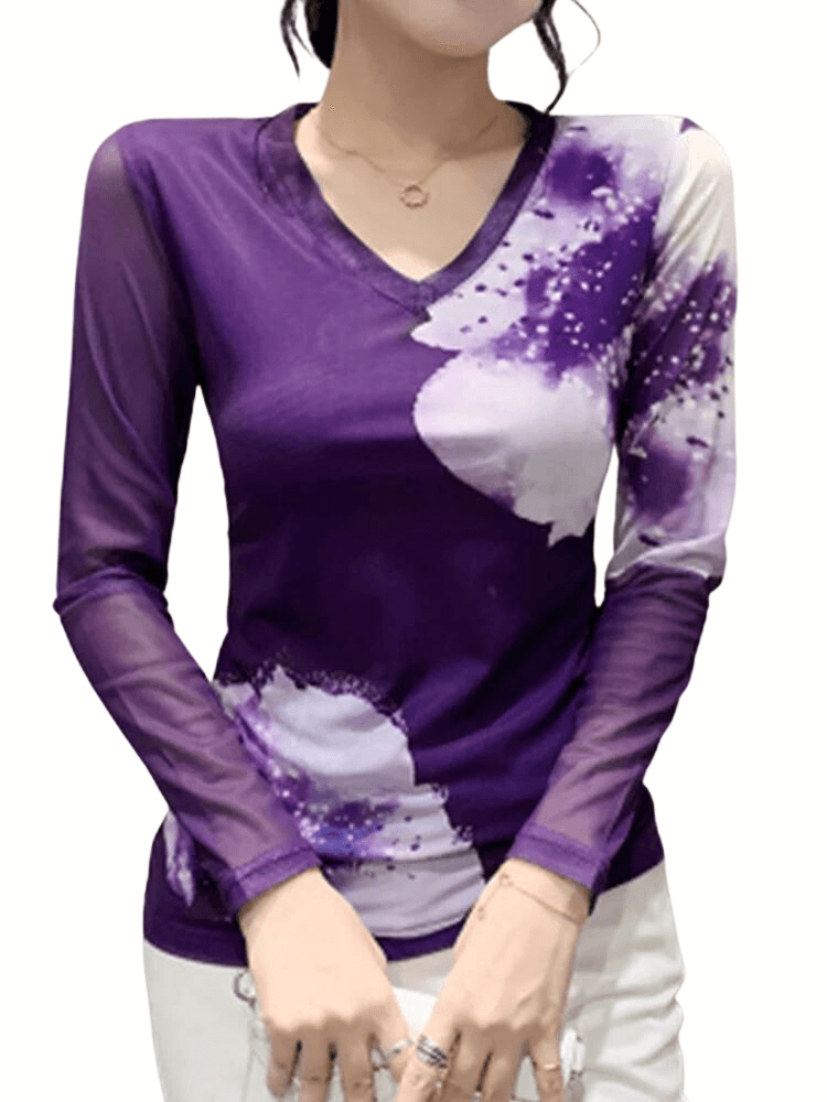 2022 Mesh T-shirt Fashion Long-Sleeved V-neck Tees Women Trendy Tops