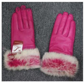High Quality Women Lady Black sheepskin Leather Gloves Warm Rabbit Fur Mittens