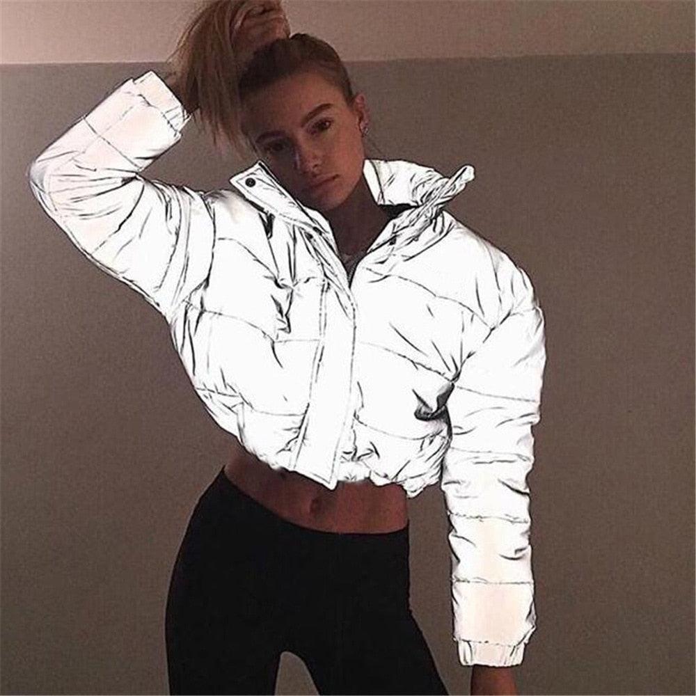 T-BOO Fashion Reflective Women Jacket Oversized Cotton Cropped Reflective Winter Night Coat Female Warm Loose Zipper Outwear