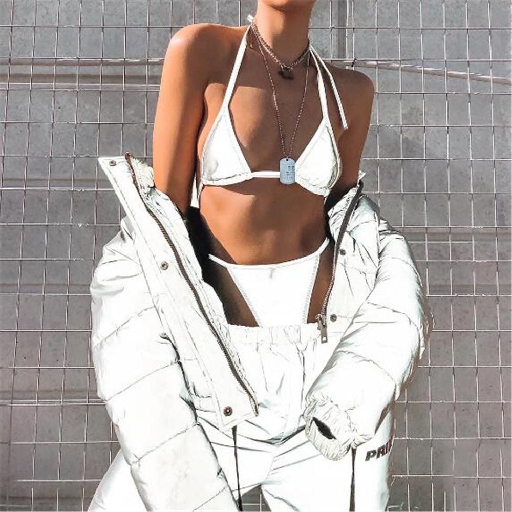 T-BOO Fashion Reflective Women Jacket Oversized Cotton Cropped Reflective Winter Night Coat Female Warm Loose Zipper Outwear