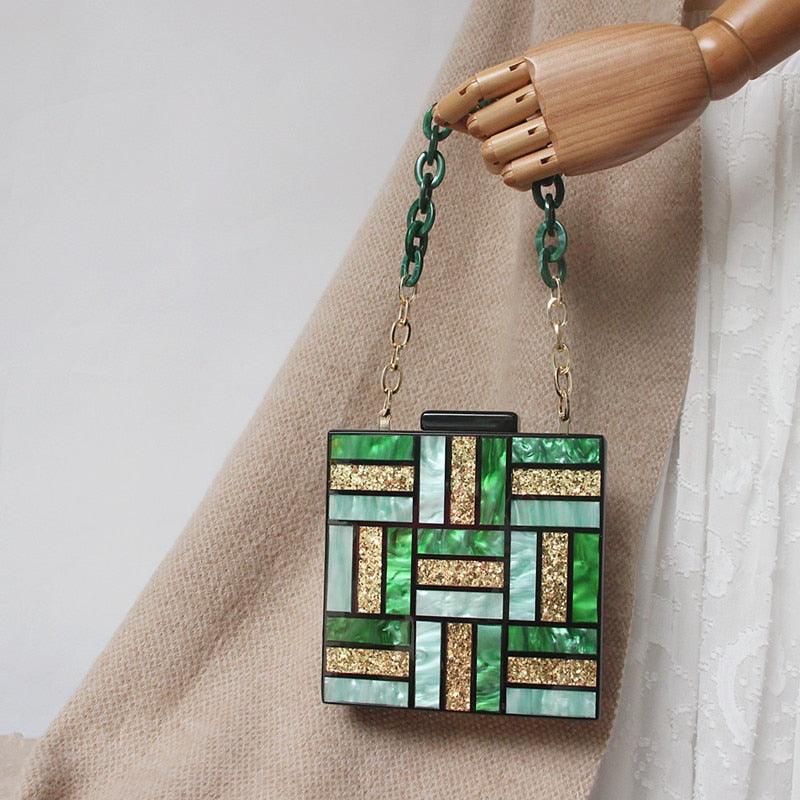 T-BOO Fashion Evening Bag Cute Green Gold Acrylic Chain Handbags Women Luxury Square Party Wedding Bags Casual Vintage Box Clutch