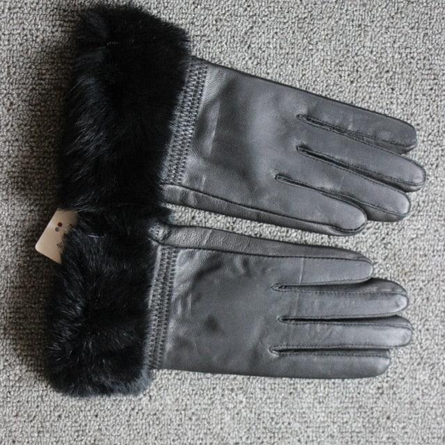 High Quality Women Lady Black sheepskin Leather Gloves Warm Rabbit Fur Mittens