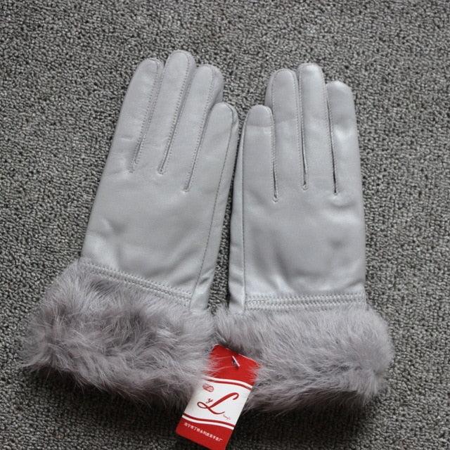 High Quality Women Lady Black sheepskin Leather Gloves Warm Rabbit Fur Mittens