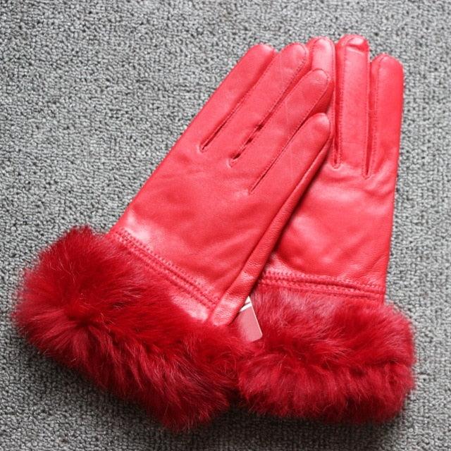 High Quality Women Lady Black sheepskin Leather Gloves Warm Rabbit Fur Mittens