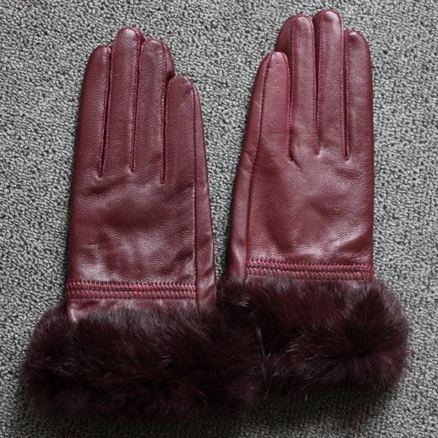 High Quality Women Lady Black sheepskin Leather Gloves Warm Rabbit Fur Mittens